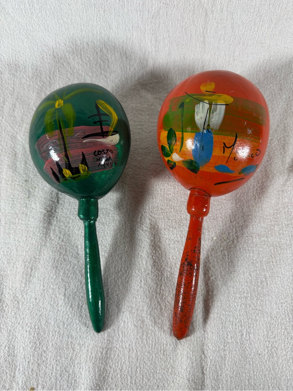 Hand-Painted Green and Orange Costa Maya & Mexico Lot of Two Maracas